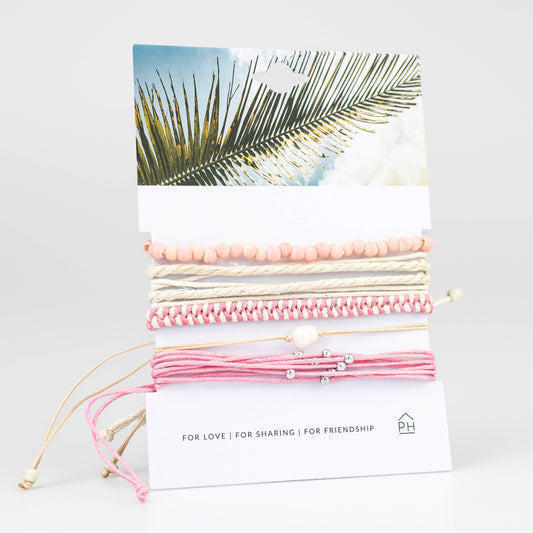 Palm Card Freshwater Pearl Color Stack Pull Bracelets Set of 5 -Pink - by Pink House Imports