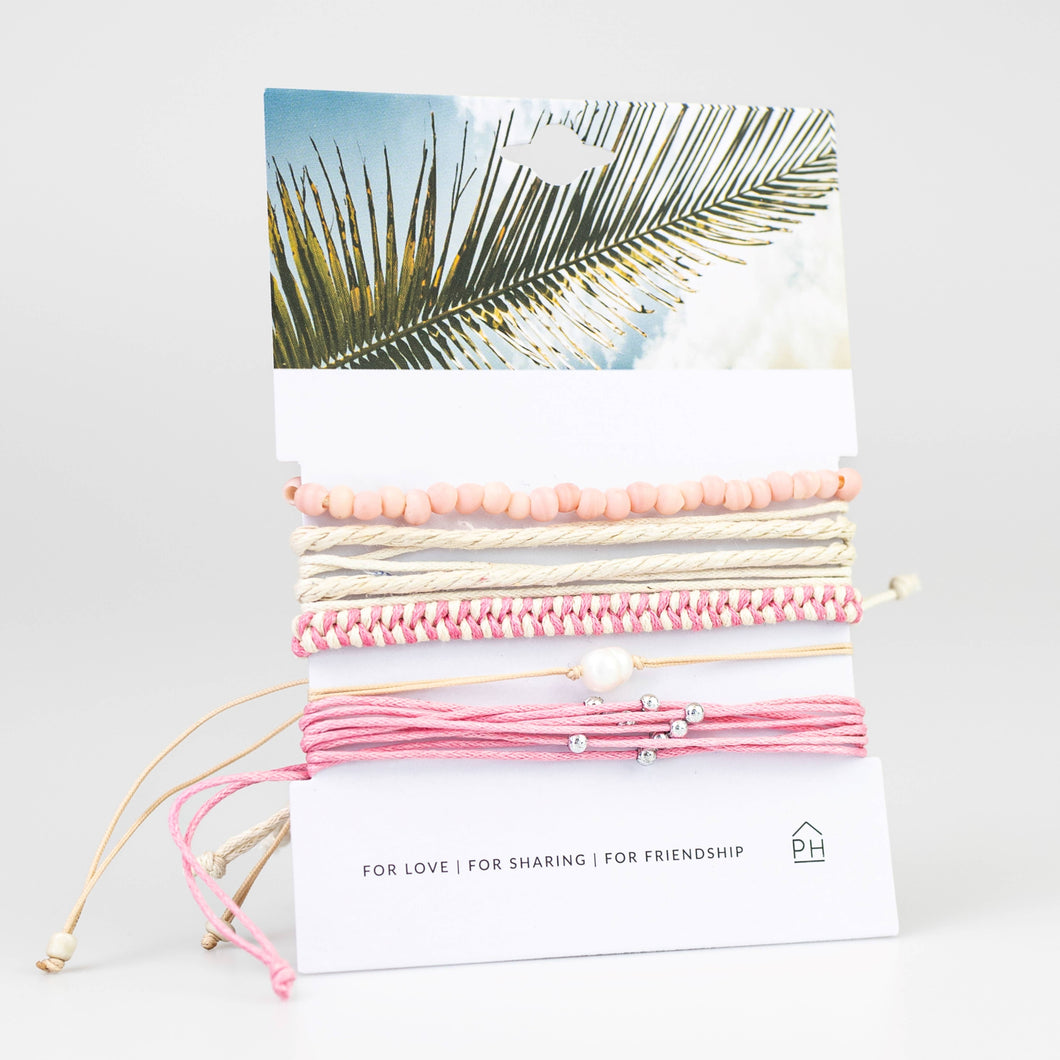 Palm Card Freshwater Pearl Color Stack Pull Bracelets Set of 5 -Pink - by Pink House Imports