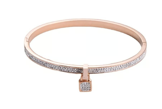 Rose Gold Lock Charm Bangle Bracelet