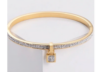 Load image into Gallery viewer, Gold Lock Charm Bangle Bracelet
