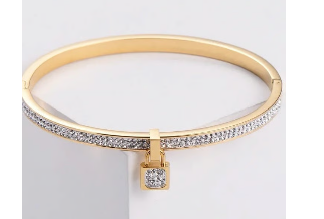 Gold Lock Charm Bangle Bracelet