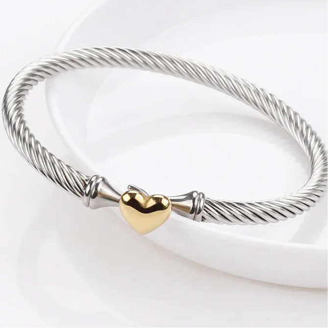 Stainless Steel Golden Heart Bangle Bracelet