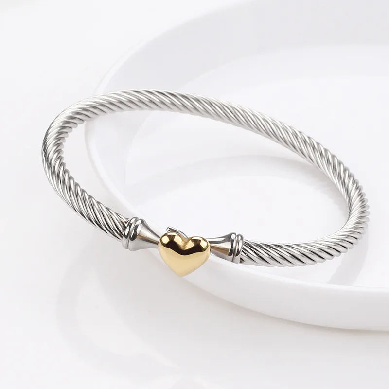 Stainless Steel Golden Heart Bangle Bracelet