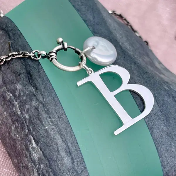 Sterling Initial Necklace with Freshwater Pearl Coin