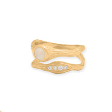 Load image into Gallery viewer, 14 Karat Gold Plated Textured Rainbow Moonstone and CZ Ring
