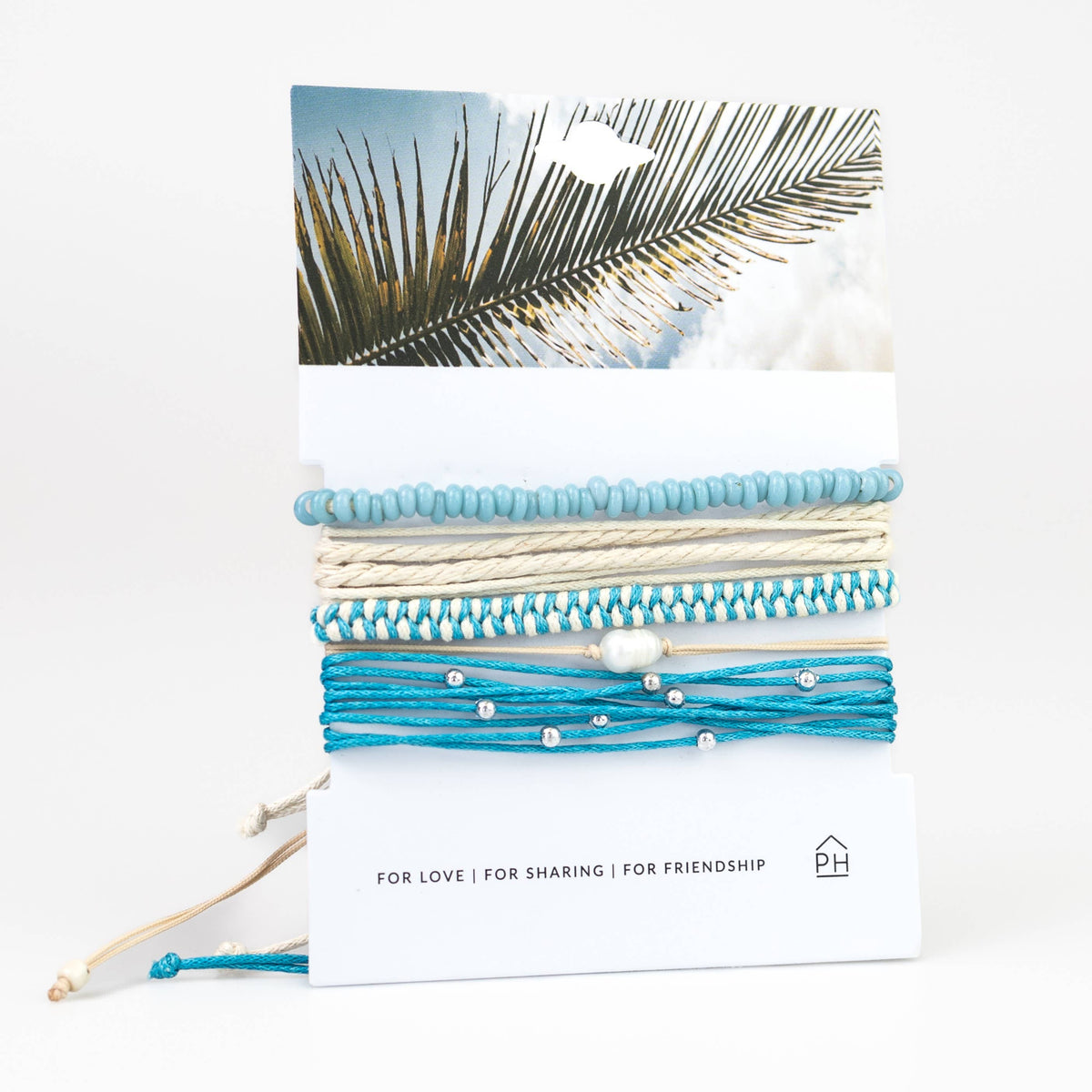 Palm Card Freshwater Pearl Color Stack Pull Bracelets Set of 5 - Turquoise by Pink House Imports