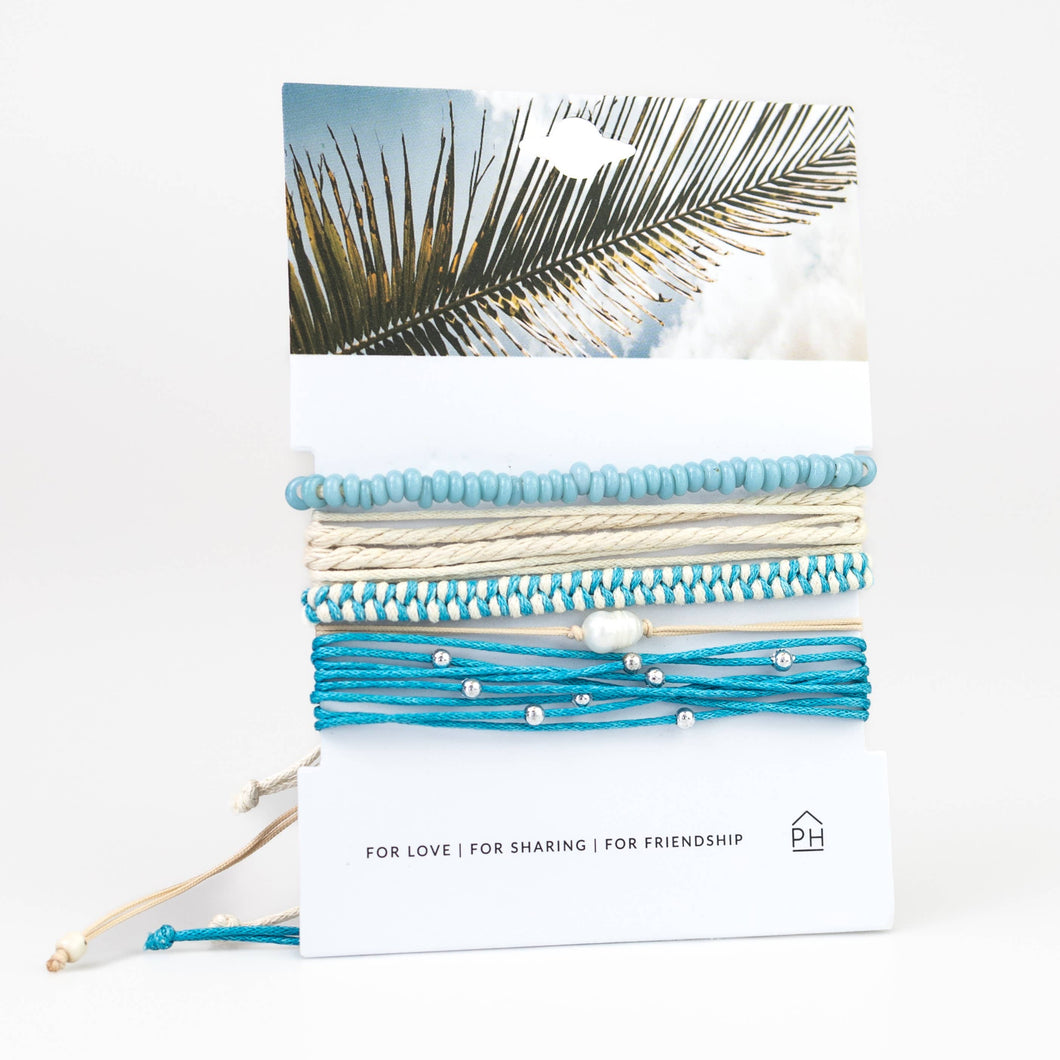Palm Card Freshwater Pearl Color Stack Pull Bracelets Set of 5 - Turquoise by Pink House Imports