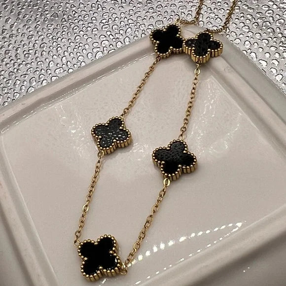 18k Gold Plated Clover Style Necklace - Gold & Black