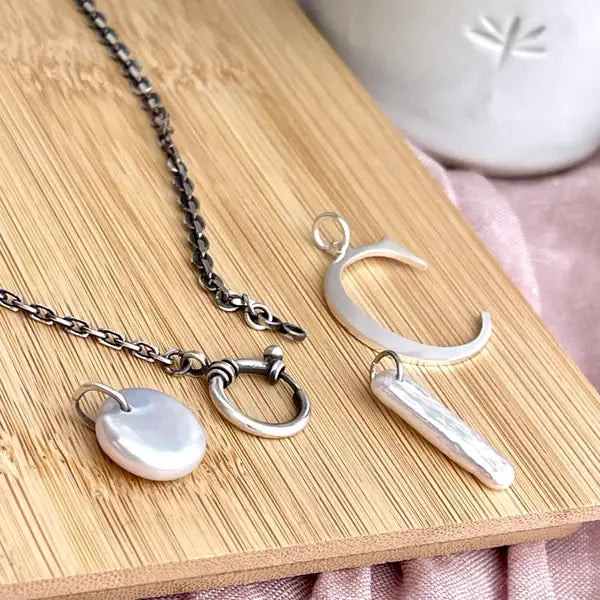 Sterling Initial Necklace with Freshwater Pearl Coin