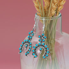 Load image into Gallery viewer, Oxidized Turquoise Flower and Horseshoe Drop Earrings
