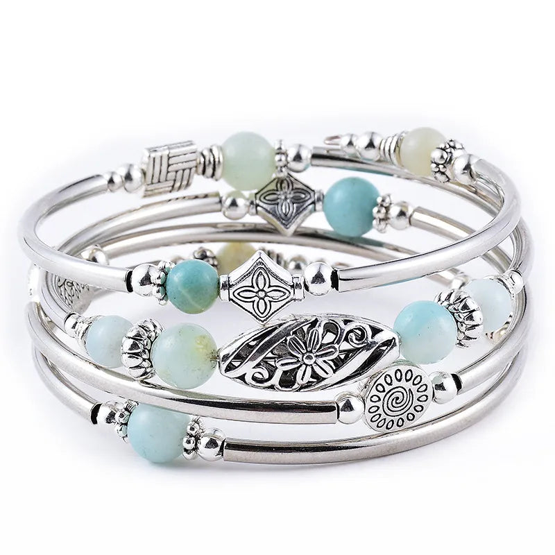 Bali Style -Beaded Coil Wrap Bracelet - Seafoam
