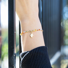 Load image into Gallery viewer, Double Strand 14 Karat Gold Plated Multistone Bracelet with Hamsa Charm
