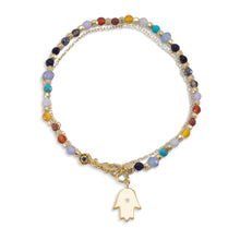 Load image into Gallery viewer, Double Strand 14 Karat Gold Plated Multistone Bracelet with Hamsa Charm
