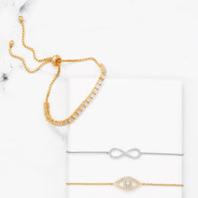 Load image into Gallery viewer, 14 Karat Gold Plated CZ Evil Eye Friendship Bolo Bracelet
