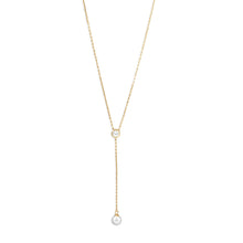 Load image into Gallery viewer, 14 Karat Gold Plated Necklace with CZ and Imitation Pearl Drop
