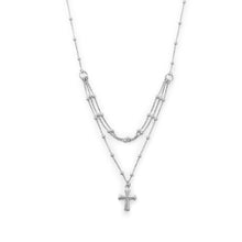 Load image into Gallery viewer, Rhodium Plated Three Row Necklace with Cross
