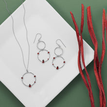 Load image into Gallery viewer, Rhodium Plated Garnet and Hammered Circle Drop Earrings
