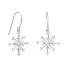 Load image into Gallery viewer, Rhodium Plated 8 Point Snowflake Earrings with 9 CZs on French Wire
