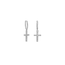 Load image into Gallery viewer, Rhodium Plated Hoop Earrings with CZ Cross
