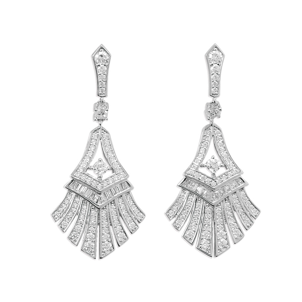 Rhodium Plated CZ Fan-Shaped Skirt Earrings