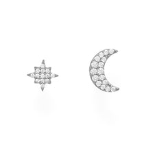 Load image into Gallery viewer, Rhodium Plated CZ Moon and Star Stud Earrings
