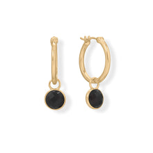 Load image into Gallery viewer, 14 Karat Gold Plated Hoop Earrings with Faceted Black Onyx Charm
