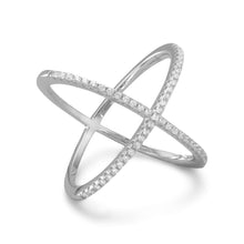 Load image into Gallery viewer, Rhodium Plated Criss Cross &#39;X&#39; Ring with Signity CZs
