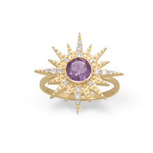 Load image into Gallery viewer, 14 Karat Gold Plated CZ Sunburst with Amethyst Ring
