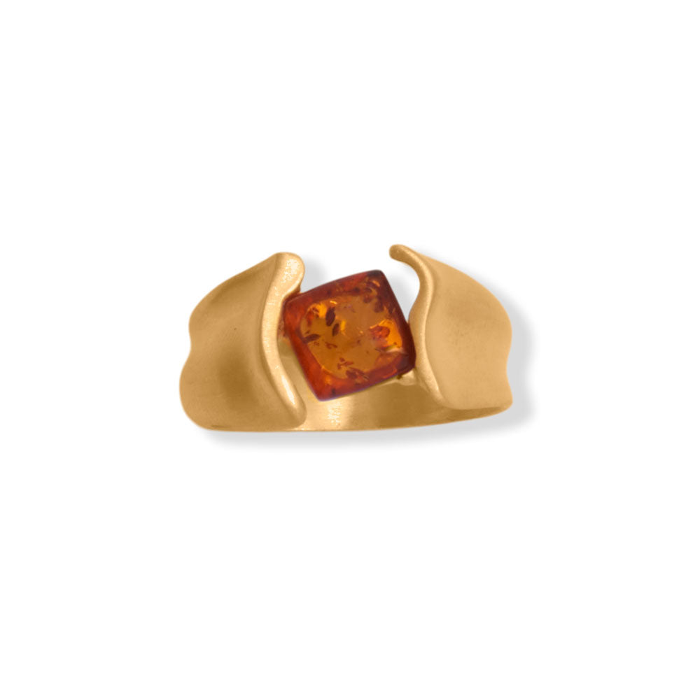 Matte 24 Karat Gold Plated Square Baltic Amber Ring