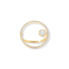 Load image into Gallery viewer, 14 Karat Gold Plated Floating Rainbow Moonstone and CZ Circle Ring
